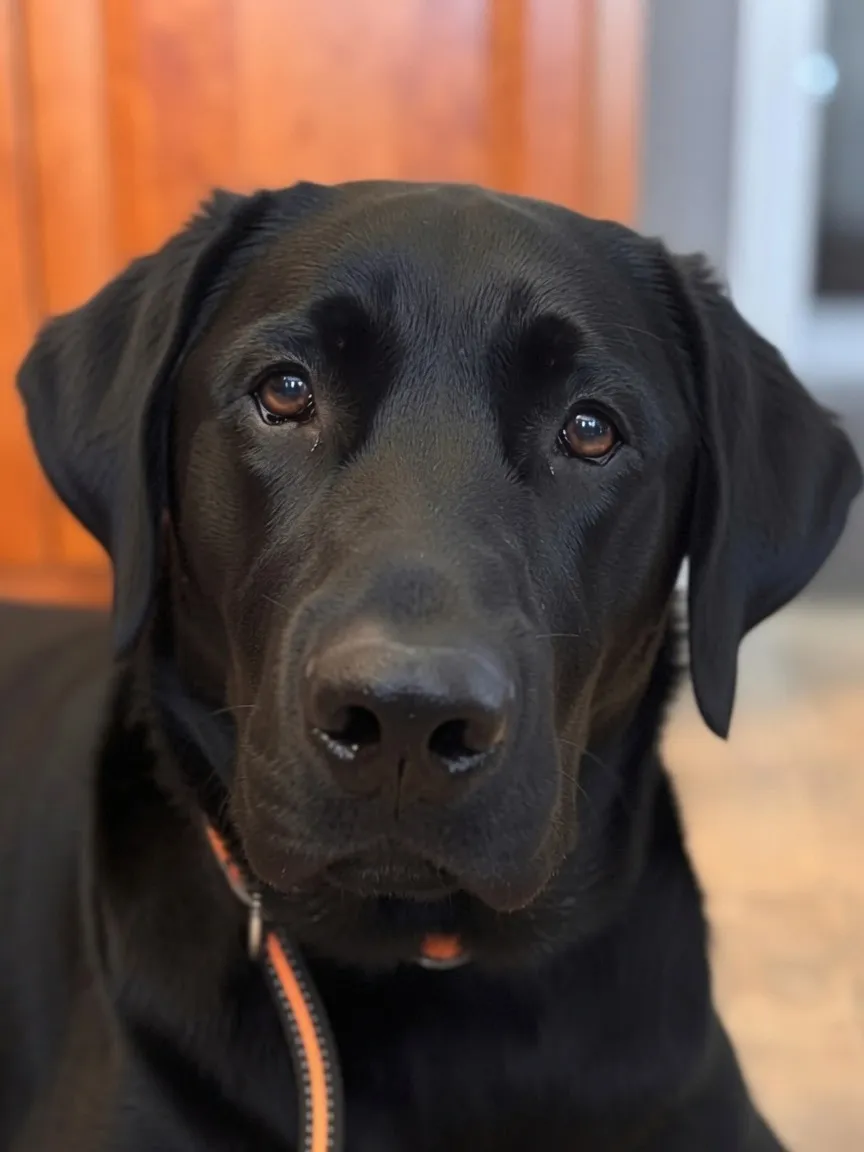 Benjii, a black Labrador, looking straight at the camera
